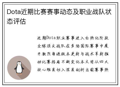 Dota近期比赛赛事动态及职业战队状态评估