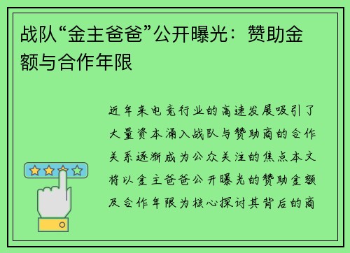 战队“金主爸爸”公开曝光：赞助金额与合作年限